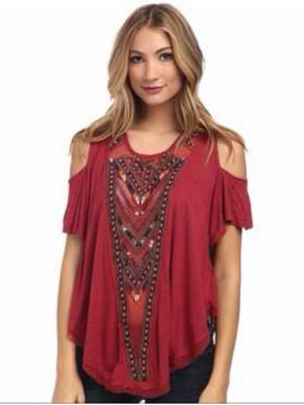Free People cold-shoulder mauve top featuring intricate geometric embroidery